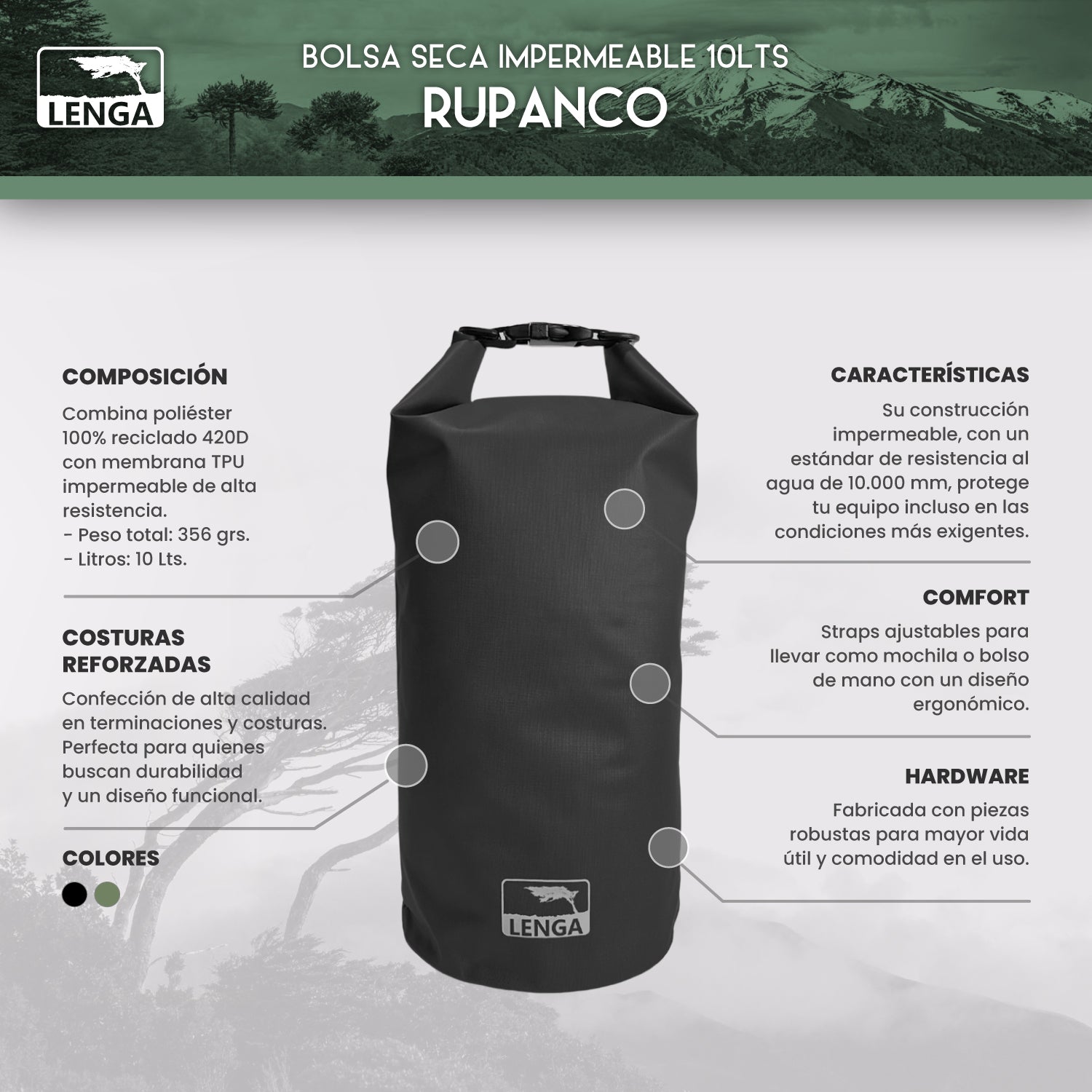 Mochila bolsa seca Impermeable 10 Lts Sustentable Rupanco