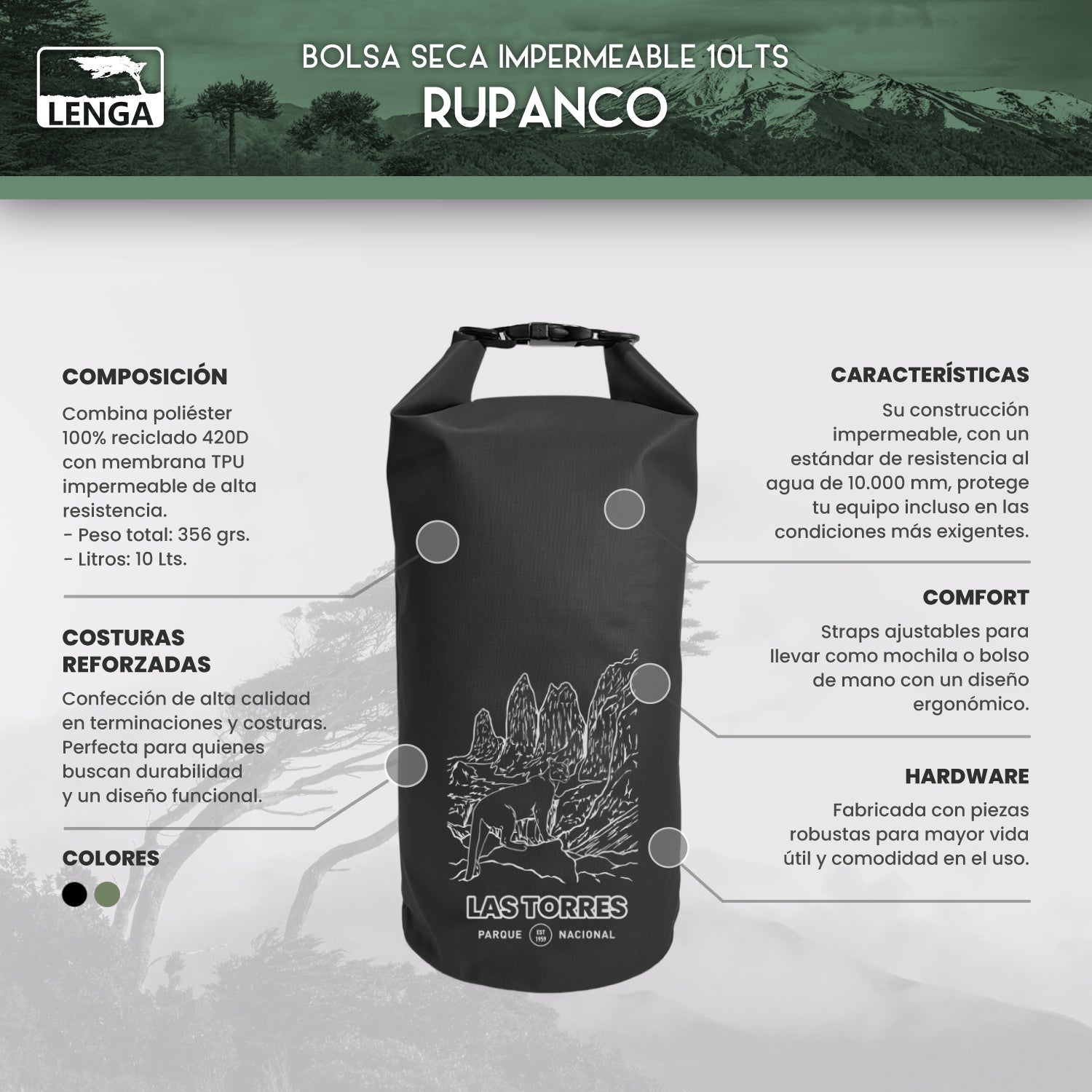 Mochila bolsa seca Impermeable 10 Lts Sustentable Rupanco Torres Puma