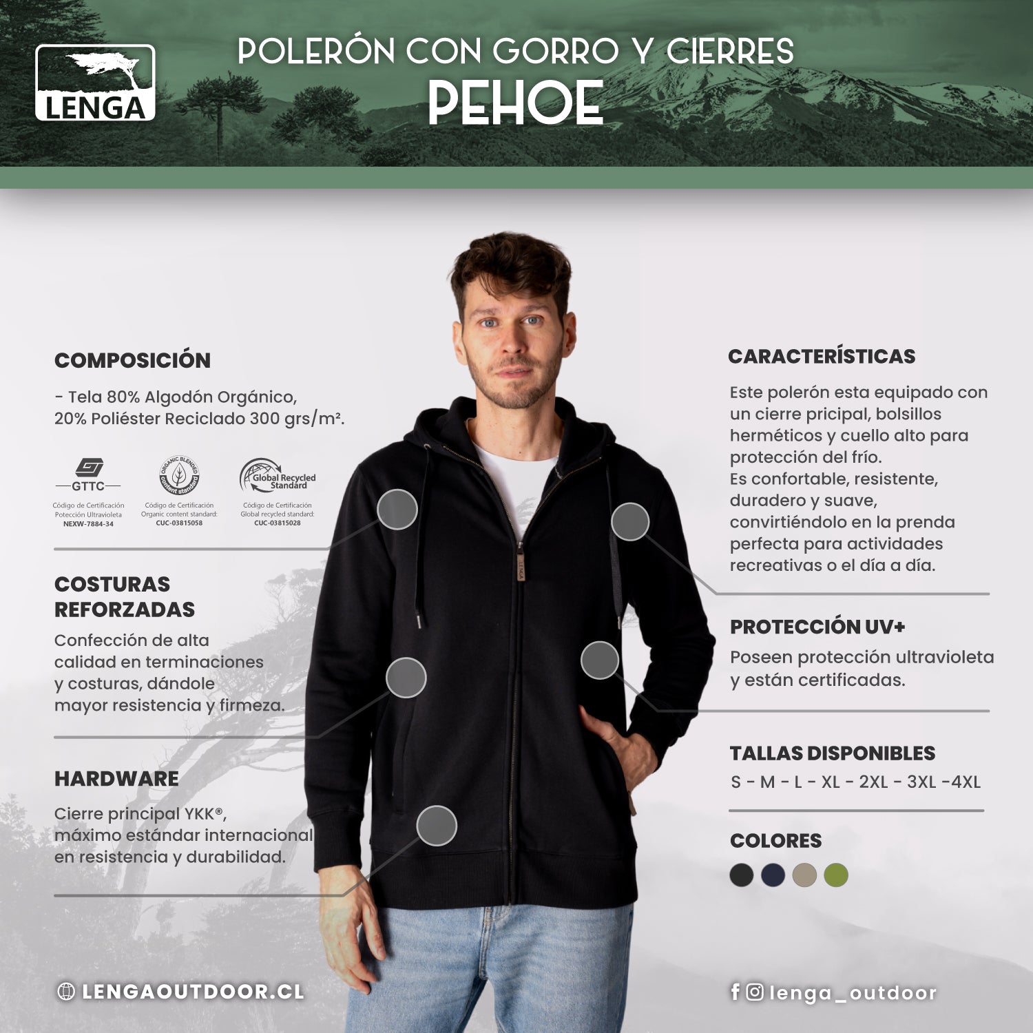 Polerón con Gorro y Cierres de Algodón Orgánico Pehoe