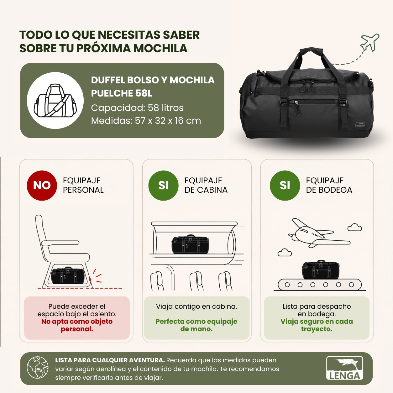 Duffel Bolso y Mochila Puelche 58Lts