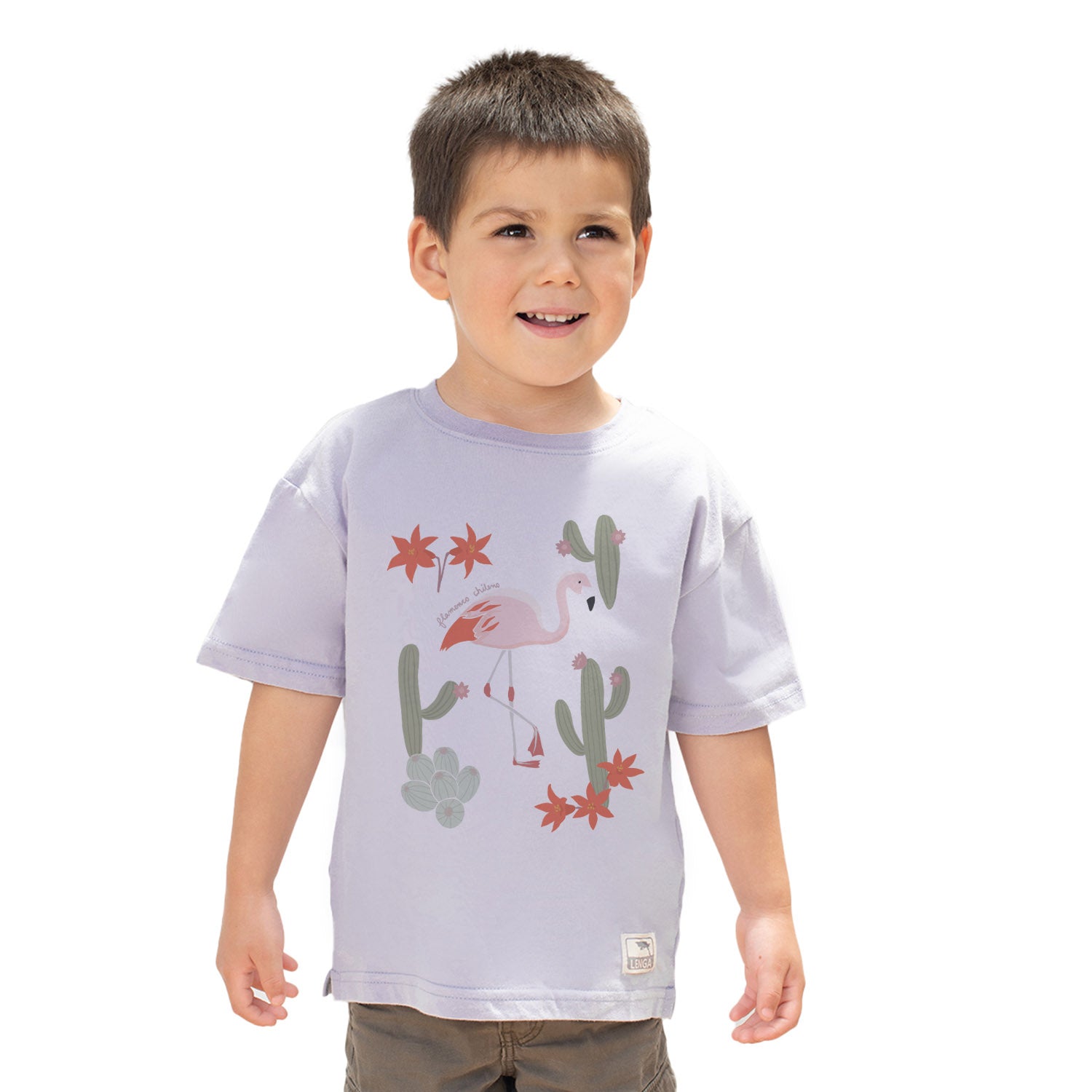 Polera Manga Corta Algodón Orgánico Pumita Estampada Niños - Flamenco