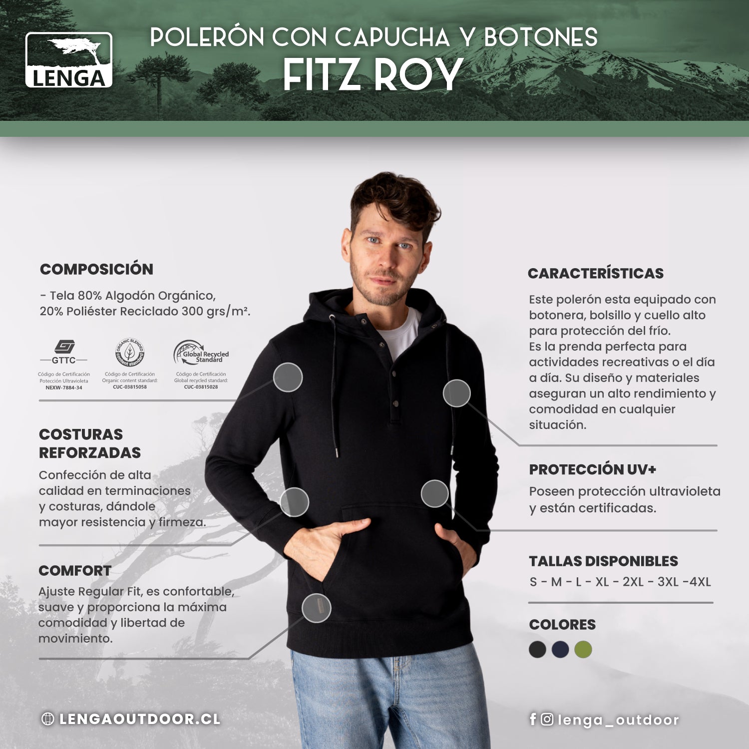 Polerón con Capucha y Botones de Algodón Orgánico Fitz Roy