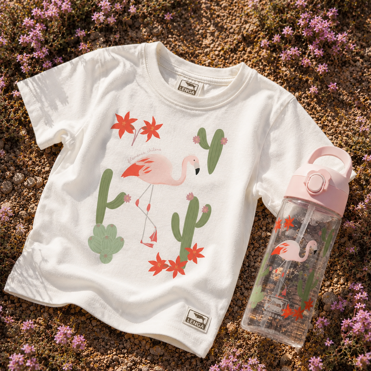 Pack Botella Kids Tritan® 450 ml + Polera Niño Estampada - Flamenco