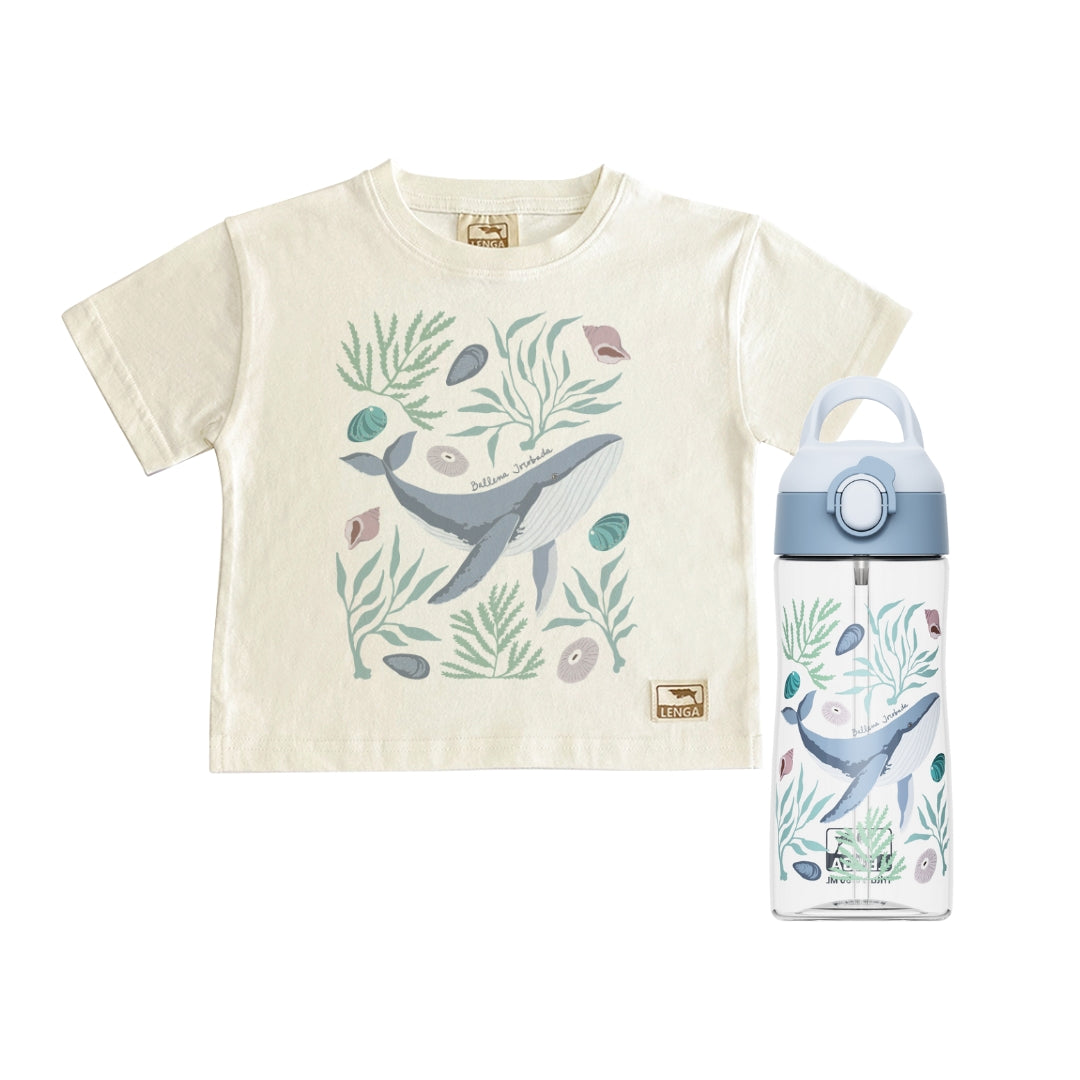 Pack Botella Kids Tritan® 450 ml + Polera Niño Estampada - Ballena Jorobada