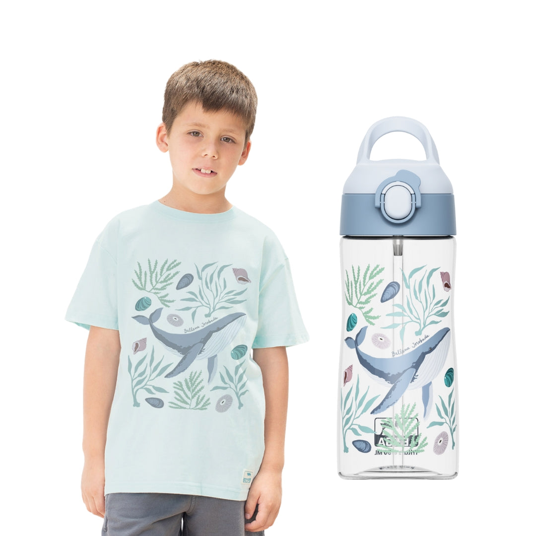 Pack Botella Kids Tritan® 450 ml + Polera Niño Estampada - Ballena Jorobada