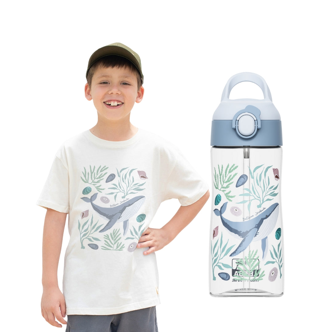 Pack Botella Kids Tritan® 450 ml + Polera Niño Estampada - Ballena Jorobada